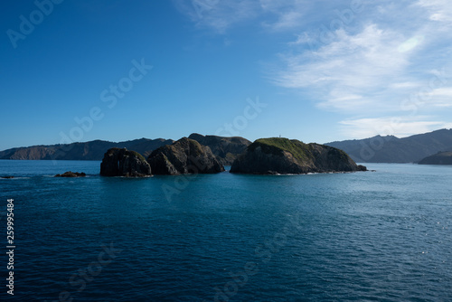 Marlborough Sounds in New Zealand on a clear sunny day - view from the ferry crossing between Wellington and Picton
