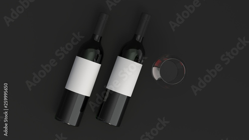 Mockup of two bottles of red wine with glass