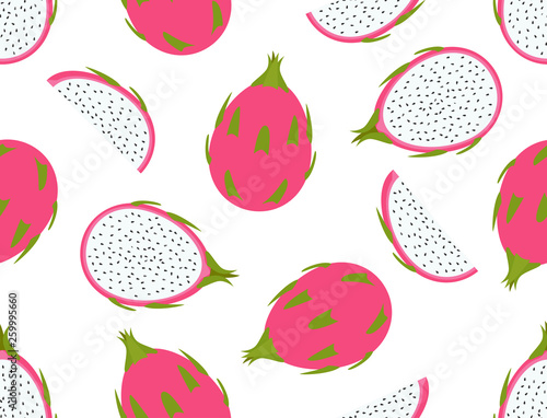 Seamless pattern of fresh dragon fruit set on white background - vector illustration