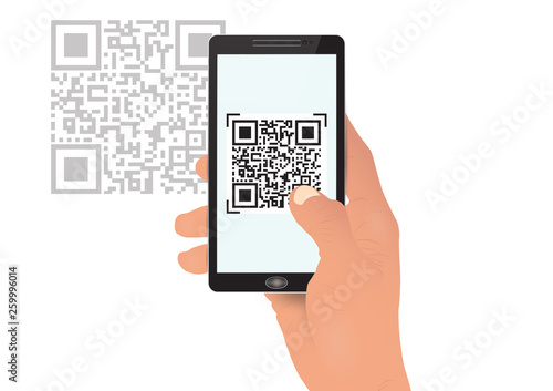 Hand holding smartphone mobile phone scanning qrcode vector illustration