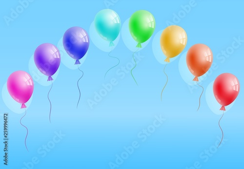 Vector realistic helium colorfull rainbow balloons on blue background. Perfect for greeting card  invitation  offer  poster. Free space for the text. Three-dimensional illustration. Eps 10.
