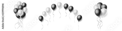 Vector realistic set of bunches and arch of white and black helium balloons. Concept for greeting card, invitation, poster, web-banner. Free space for the text. Three-dimensional illustration. Eps 10.