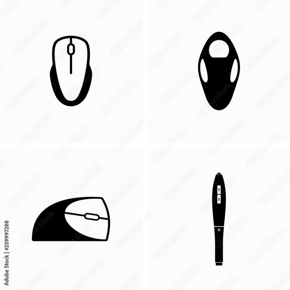 Different types and shapes of computer mice and a stylus Vector Stock