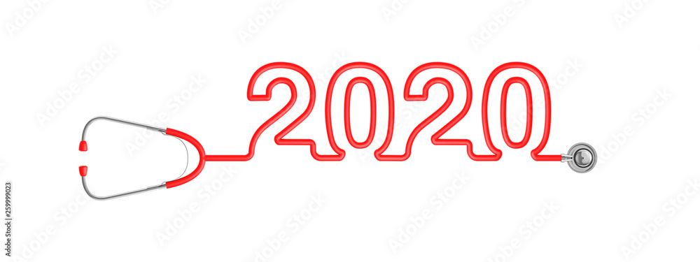Stethoscope year 2020 / 3D illustration of stethoscope tubing forming year 2020 text medical industry concept