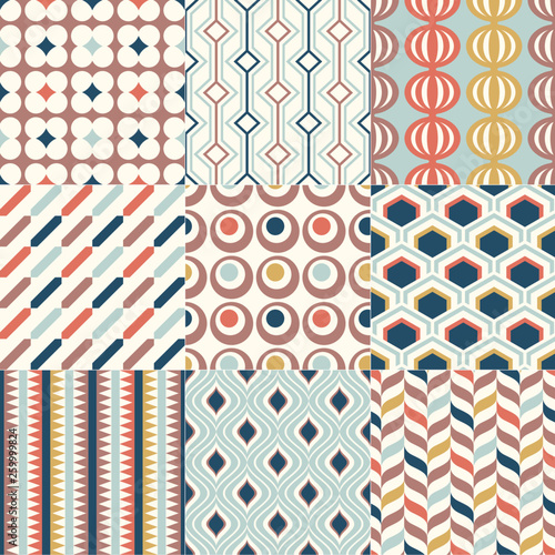 Set of colorful mid century geometric seamless patterns for interior design. Vector backgrounds collection