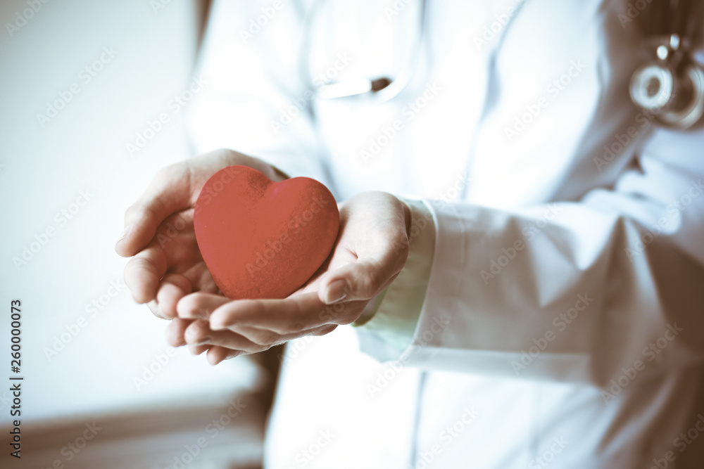 Close up of unknown female doctor with stethoscope holding heart near the window in hospital Close up of unknown female doctor with stethoscope holding heart near the window in hospital