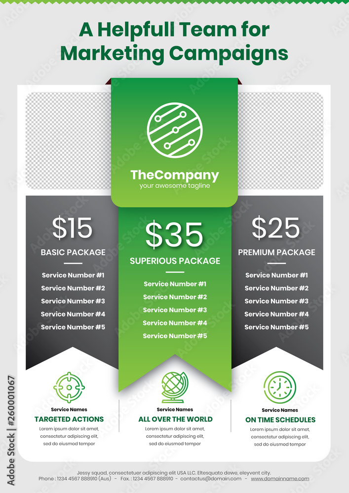 Fototapeta premium A4 Marketing Flyer template style 2 with pricing table featured in green color
