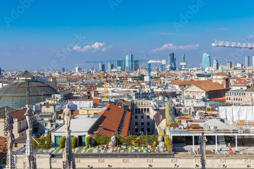 Milan city skyline photo taken from Cathedral-Basilica of the Nativity of Saint Mary  Italy