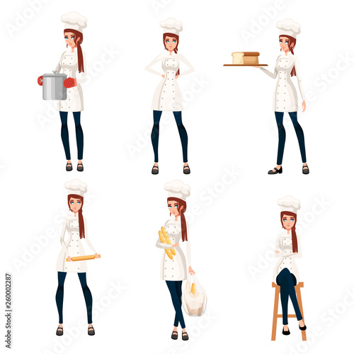 Beautiful women chef with brown hair collection. Bakery young female chef. Cartoon character design. Flat vector illustration isolated on white background