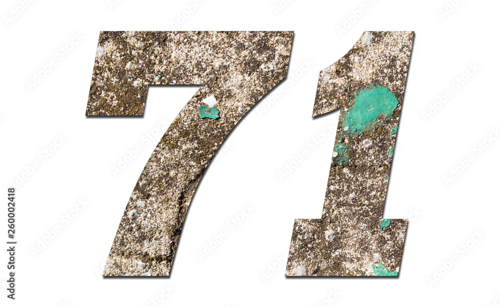 Number 71 with old wall on white background,Stone Number Number 71 with old wall on white background,Stone Number