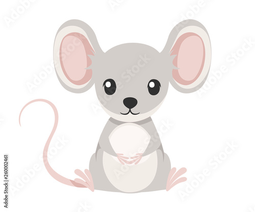 Cute little gray mouse sit on floor. Cartoon animal character design. Flat vector illustration isolated on white background