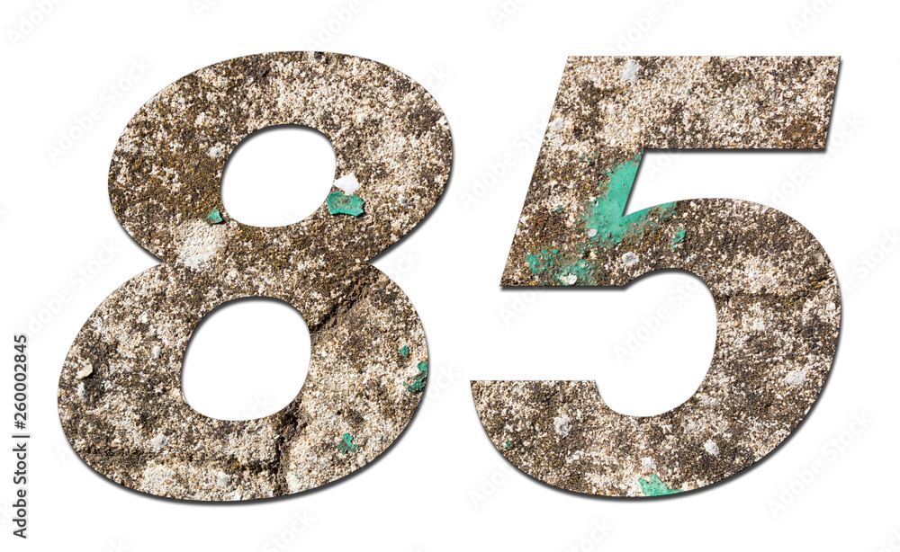 Number 85 with old wall on white background,Stone Number Number 85 with old wall on white background,Stone Number