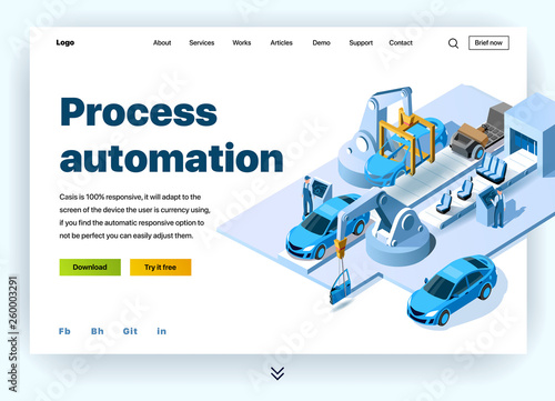 Automation processes in the automotive plant. Concept of a landing page for process automation in a car factory. Vector website template with 3d isometric illustration conveyor for assembly of cars