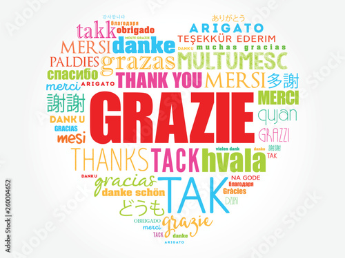 Grazie (Thank You in Italian) love heart word cloud background in different languages