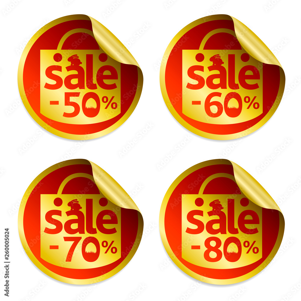 Easter gold sale stickers 50,60,70,80 with egg in the grass and rabbit