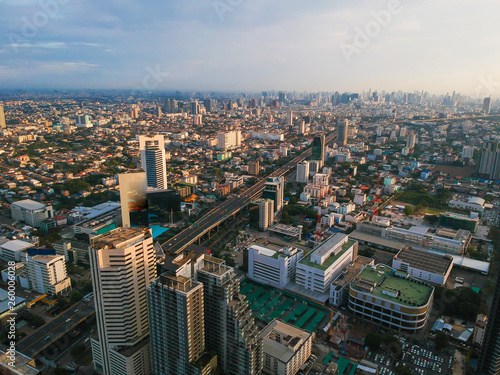 Aerial view of modern office building colorful sunset sky with cloud