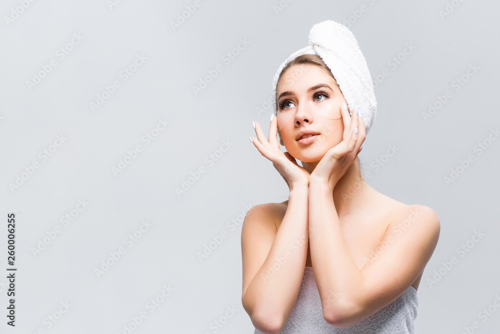 Under eye treatment. Woman face with patches under eyes. Beauty concept! Under eye treatment. Woman face with patches under eyes. Beauty concept!