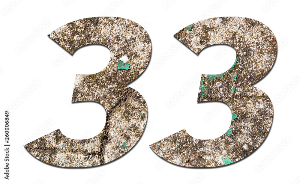 Number 33 with old wall on white background,Stone Number Number 33 with old wall on white background,Stone Number