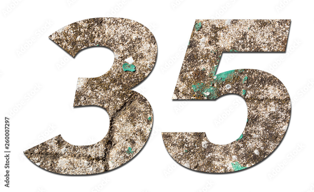 Number 35 with old wall on white background,Stone Number Number 35 with old wall on white background,Stone Number