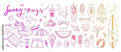Big set of Summer vector design doodle elements. Beach collection, tropical fruits, swimsuit, surfing. Hand drawn isolated sketches on white background. Summer handwritten calligraphy