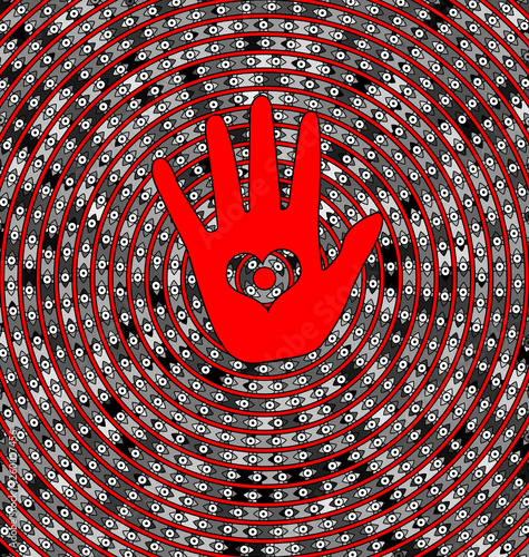 abstract background circles, eyes and red hand