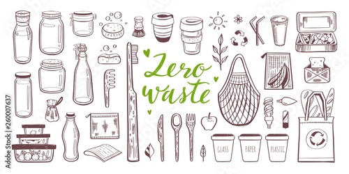 Zero waste lifestyle vector hand drawn set. Collection of eco and natural elements. Go green concept. Isolated objects