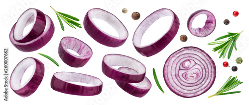 Leinwand Poster Sliced red onion rings isolated on white background with clipping path