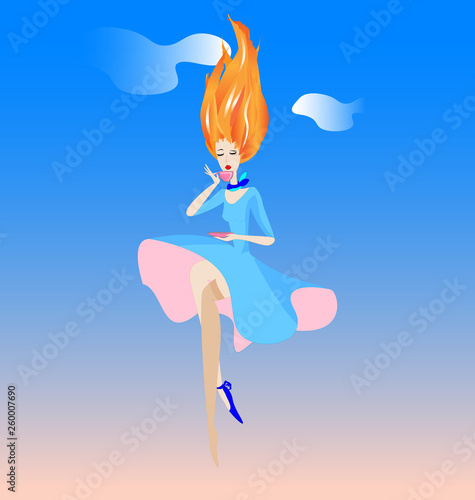 morning sky and flying girl with a cup of coffee