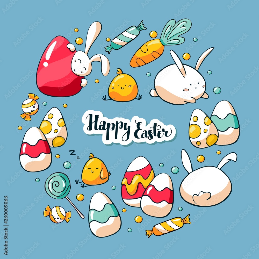 Hand drawn doodle card template with cute Easter elements. Vector illustration. Happy Easter lettering. Doodle elements and Easter objects: rabbit, bunny, easter eggs, chicken, sweets.