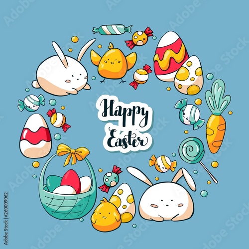 Hand drawn doodle card template with cute Easter elements. Happy Easter lettering. Doodle elements and Easter objects: rabbit, bunny, easter eggs, chicken, sweets, basket with eggs.