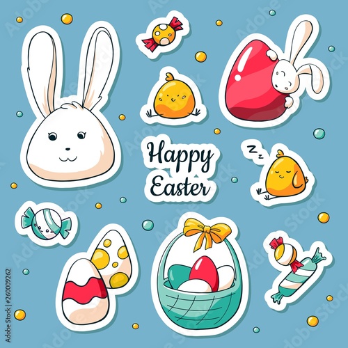 Spring Easter stickers set in cartoon style. Vector Illustration in doodle style. Collection of happy easter symbols: easter rabbit, easter eggs in basket, chicken.