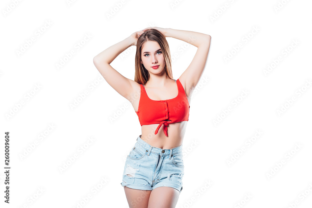 Fototapeta premium Pretty woman in beach style posing on grey background! Lifestyle!