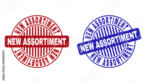 Grunge NEW ASSORTIMENT round stamp seals isolated on a white background. Round seals with grunge texture in red and blue colors.