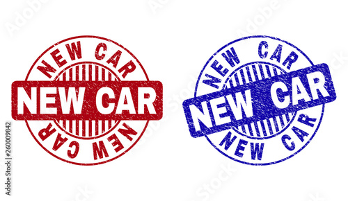 Grunge NEW CAR round stamp seals isolated on a white background. Round seals with grunge texture in red and blue colors. Vector rubber imprint of NEW CAR caption inside circle form with stripes.