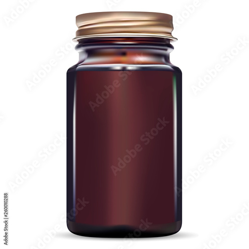 Brown Bottle. Amber Glass Fish Cod Medical Jar. Medicine Vial for Pill with Gold Screw Cap. Drug Pharmaceutical Container. Medication Packaging for Antibiotic Tablet. 3d Storage Mockup.