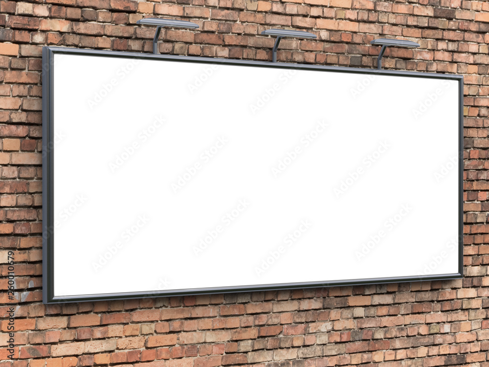 3D rendering of blank billboard (empty advertisement) on brick wall. Empty mockup template 3D rendering of blank billboard (empty advertisement) on brick wall. Empty mockup template