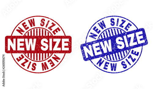 Grunge NEW SIZE round stamp seals isolated on a white background. Round seals with grunge texture in red and blue colors. Vector rubber imprint of NEW SIZE caption inside circle form with stripes.