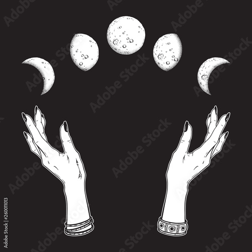 Hand drawn line art and dot work moon phases in hands of witch isolated. Boho chic flash tattoo, poster, altar veil or tapestry print design vector illustration.