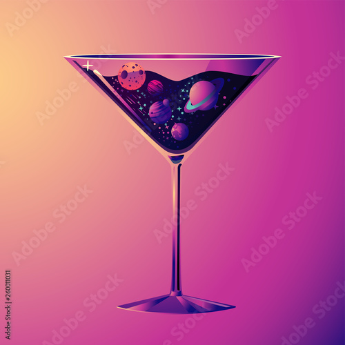 Cocktail party illustration. With drink glass and night sky. Futuristic neon style.