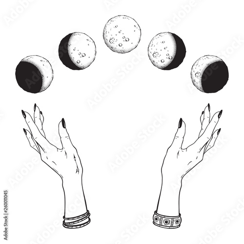 Hand drawn line art and dot work moon phases in hands of witch isolated. Boho chic flash tattoo, poster, altar veil or tapestry print design vector illustration.