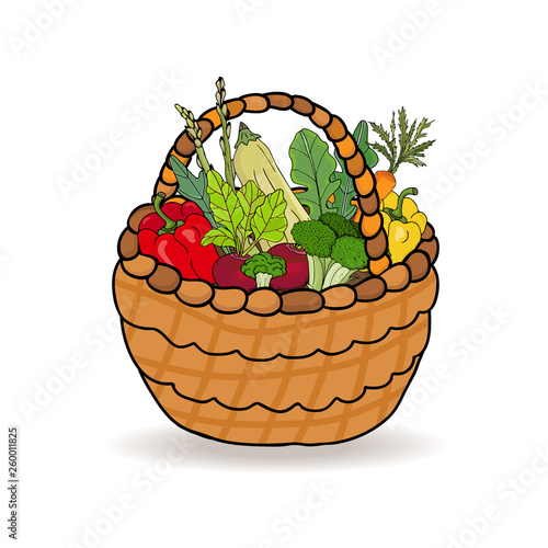 Basket with a crop of vegetables pepper  broccoli  cabbage  asparagus  pepper isolated on a white background. Vector illustration