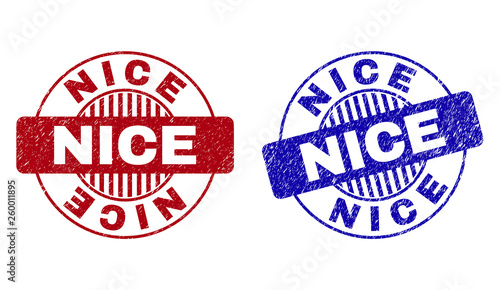 Grunge NICE round stamp seals isolated on a white background. Round seals with grunge texture in red and blue colors. Vector rubber imprint of NICE tag inside circle form with stripes.
