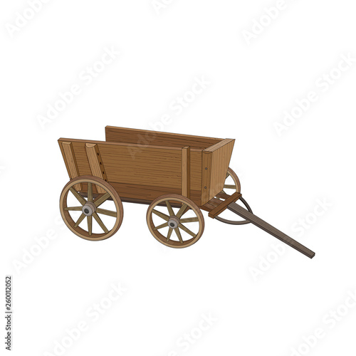 Wooden wagon on wheels isolated on white background. Vector illustration