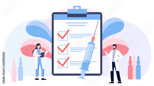 Vaccination vector illustration. Flat tiny virus injection persons concept. Preventive medication dose to protect body from epidemic infection, virus, disease and illness. Bacteria outbreak immunity.