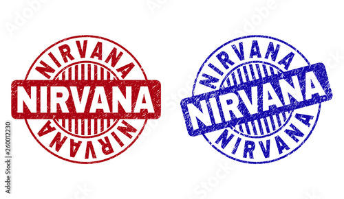 Grunge NIRVANA round stamp seals isolated on a white background. Round seals with grunge texture in red and blue colors. Vector rubber imprint of NIRVANA label inside circle form with stripes.