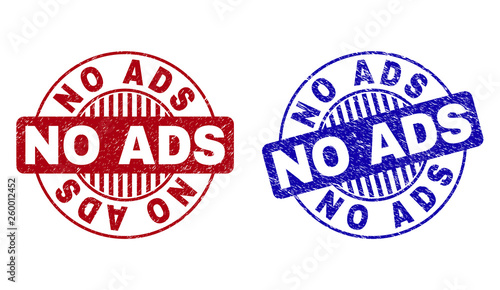 Grunge NO ADS round stamp seals isolated on a white background. Round seals with grunge texture in red and blue colors. Vector rubber watermark of NO ADS title inside circle form with stripes.