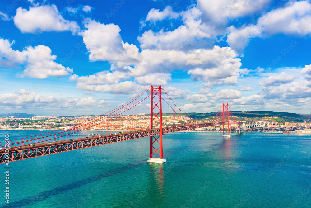 The 25th April Bridge (Ponte 25 de Abril) between Lisbon and Almada, Portugal. One of the longest suspension bridges in Europe