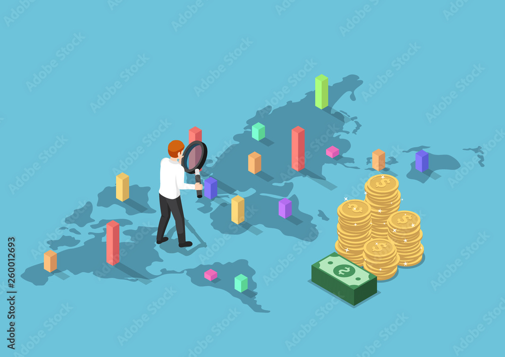Obraz premium isometric businessman use magnifying glass to analyse graph each country on world map