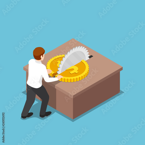 Isometric businessman cut a coin in half on table saw