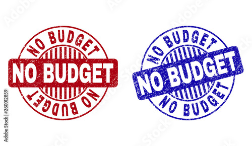 Grunge NO BUDGET round stamp seals isolated on a white background. Round seals with distress texture in red and blue colors. Vector rubber overlay of NO BUDGET label inside circle form with stripes.